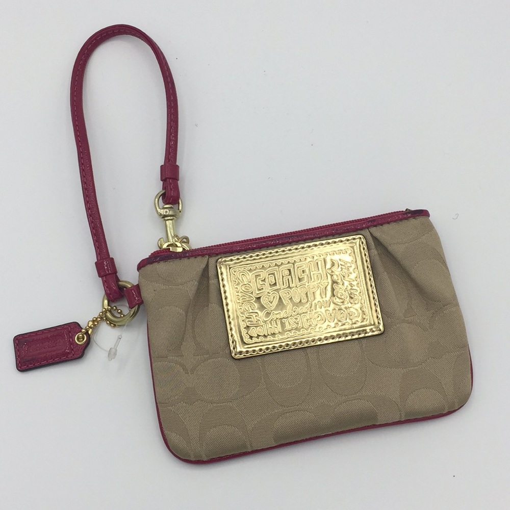 COACH Signature Tan Patent Leather Pink Wristlet